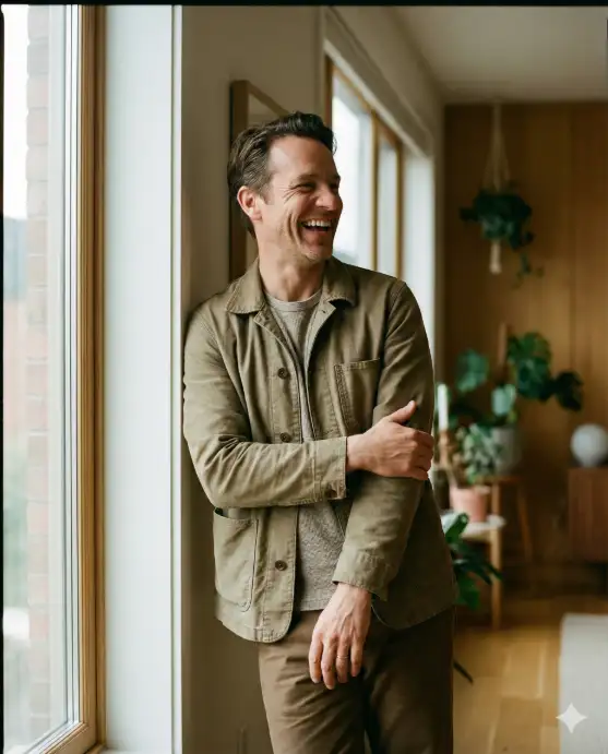 Create a candid laughing portrait of a man standing near a large window, laughing naturally while looking outside. His posture is relaxed, leaning slightly against the wall with arms loosely crossed. He is dressed in a clean casual outfit with soft fabrics. Shot from the side with natural window light creating gentle highlights and shadows on his face. Background is a minimal indoor space with soft tones, styled like a modern Instagram portrait. Use aspect ratio 4:5.