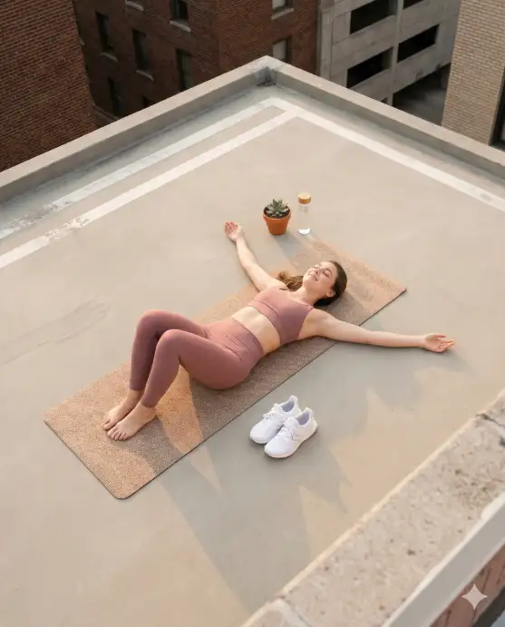 Create a photo of a young woman lying on her back on a rooftop yoga mat with her knees bent and arms stretched out to the sides, eyes closed peacefully. She is wearing a matching dusty rose athletic set consisting of a sports bra and high-waisted leggings with clean white running shoes placed neatly beside the mat. A small succulent plant and a water bottle are placed nearby. The camera is positioned directly above her in a flat lay aerial perspective looking straight down. The rooftop surface is smooth concrete with painted lines, and the edges of surrounding buildings frame the shot. Soft, warm morning light with gentle shadows. Clean, minimal, wellness-inspired aesthetic. Shot with a 24mm lens. Use aspect ratio 4:5.