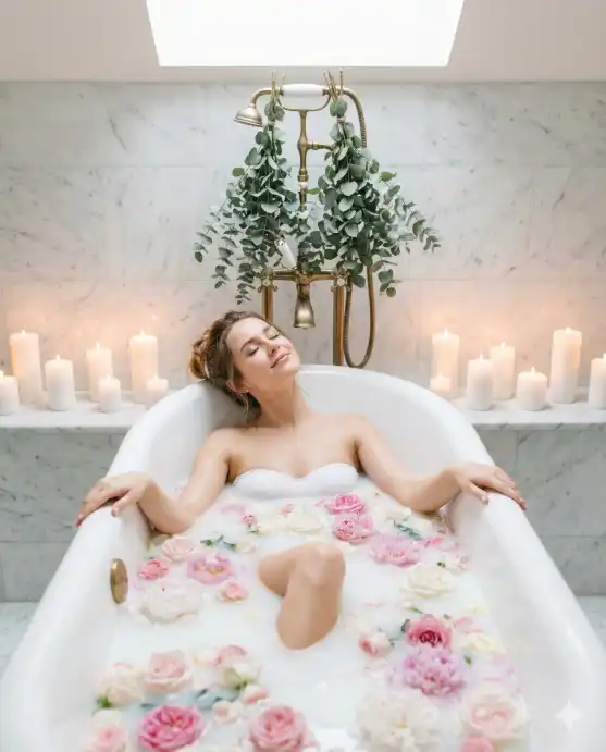 Create a photo of a bride-to-be relaxing in a decorated bathtub filled with milk and floating flower petals of roses and peonies in pink and white, wearing a white strapless top, arms resting on the tub edges, head tilted back slightly with closed eyes and a blissful expression, eucalyptus branches hanging from a brass shower fixture above, white marble bathroom with candles along the tub edge, soft diffused overhead lighting, shot from a slightly elevated frontal angle, 35mm lens, f/2.5, luxurious spa bridal editorial. Use aspect ratio 4:5.