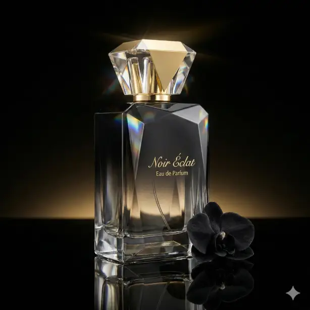 Create a product mockup of an angular crystal perfume bottle for "Noir Éclat Eau de Parfum" with a smoky black-to-clear gradient glass and a geometric gold cap, positioned on a reflective black acrylic surface that mirrors the bottle's silhouette, a single black orchid flower resting beside the base, sharp focused studio lighting from above and slightly behind creating prismatic light refractions through the crystal, deep black background with a faint golden glow near the base, shot from a low angle at 30 degrees emphasizing the bottle's height and faceted design, opulent and mysterious atmosphere with a color palette of black, deep gold, and crystal clear, luxury fragrance campaign photography style. Use aspect ratio 1:1.