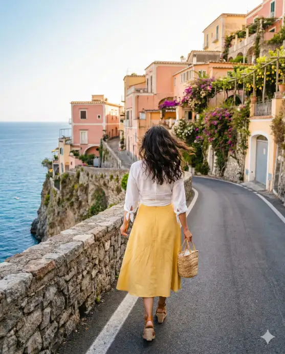 Create a travel photo of a young woman walking along a narrow cliffside road on the Amalfi Coast, Italy, captured from behind at a medium distance. She is wearing a flowing yellow midi skirt, a fitted white blouse tied at the waist, and tan leather wedge sandals with a woven basket bag hanging from her hand. Her dark hair is loose and blowing slightly in the sea breeze. To her left, a low stone wall separates the road from a steep drop to deep blue Mediterranean water far below. On the right, pastel-colored houses in shades of pink, peach, and terracotta cling to the hillside with lemon trees and bougainvillea growing over garden walls. The camera is a few steps behind her, shooting at her back from waist height. Bright, warm afternoon light with saturated blues and warm pastels. Shot with a 35mm lens, editorial travel style. Use aspect ratio 4:5.