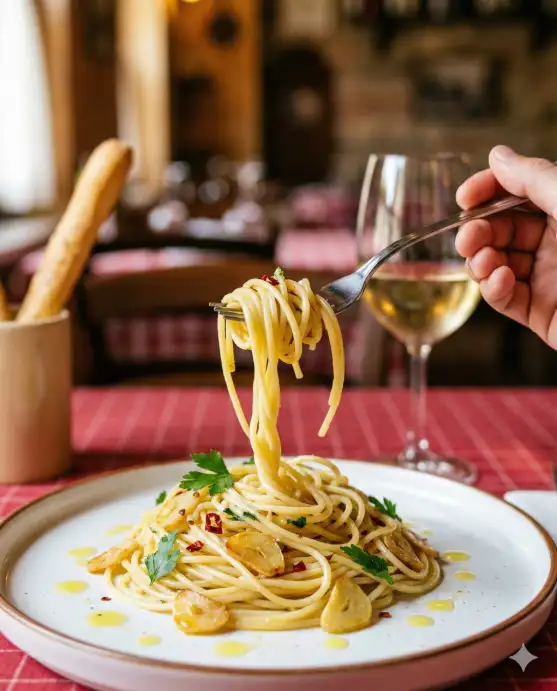 Create a realistic photo of a fork twirling spaghetti aglio e olio, captured mid-twist with strands of pasta elegantly wrapped around the tines. The fork is held by a hand just above a white rimmed ceramic plate that holds the remaining pasta tossed with golden garlic slices, red chili flakes, and fresh parsley. A few drops of olive oil glisten on the pasta surface. The camera is at table level, shooting slightly upward at the fork with a very shallow depth of field so only the fork and twirled pasta are sharp. The background shows a blurred rustic Italian trattoria setting with a checkered tablecloth, a glass of white wine, and a breadstick in a small ceramic holder. Warm, golden natural light from a side window. Shot with an 85mm lens, food editorial style. Use aspect ratio 4:5.