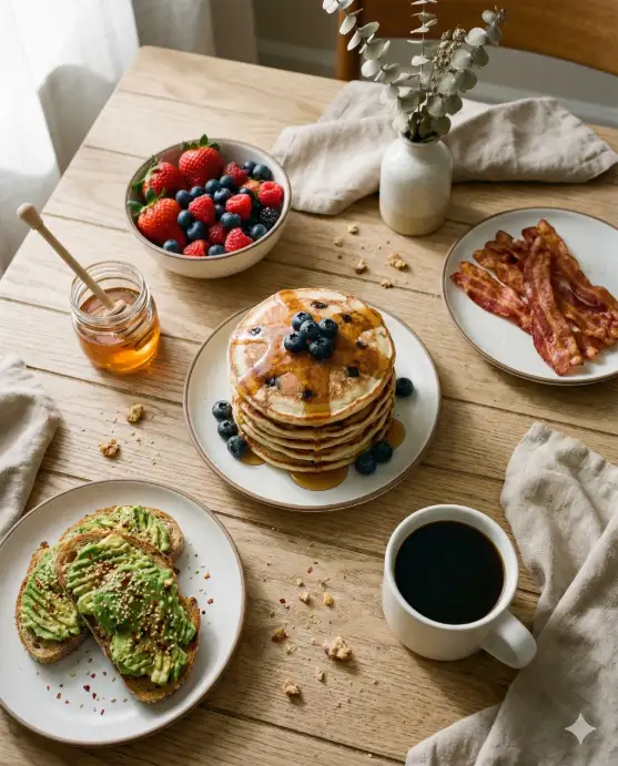 Create a realistic overhead flat lay photo of a brunch spread on a rustic light oak farmhouse table. The spread includes a stack of fluffy blueberry pancakes with maple syrup dripping down the side, a bowl of fresh mixed berries, a small jar of honey with a wooden dipper, a plate of crispy bacon strips, two slices of avocado toast on sourdough with sesame seeds and red pepper flakes, and a cup of black coffee in a white ceramic mug. There are linen napkins in muted beige, a small vase with dried eucalyptus, and scattered crumbs on the table for realism. Shot from directly above with a 35mm lens. Soft, diffused natural morning light coming from a window to the left, casting gentle shadows. Warm, inviting color palette with earthy tones. Use aspect ratio 4:5.