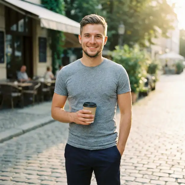 Create a portrait of a young man in his late 20s with a warm, genuine smile showing slight dimples, standing casually with one hand in the pocket of his fitted dark navy chinos and the other holding a takeaway coffee cup, wearing a well-fitted heather grey crewneck t-shirt with sleeves hugging his arms, clean stubble beard, short textured hair swept to one side, standing on a sunlit cobblestone street with a blurred cafe terrace and greenery in the background, bathed in soft golden hour light from the right creating a warm glow on his face and gentle shadows, shot at eye level as a medium close-up from waist up, relaxed and confident mood with warm earthy tones evoking weekend brunch vibes, natural photography style with shallow depth of field. Use aspect ratio 1:1.