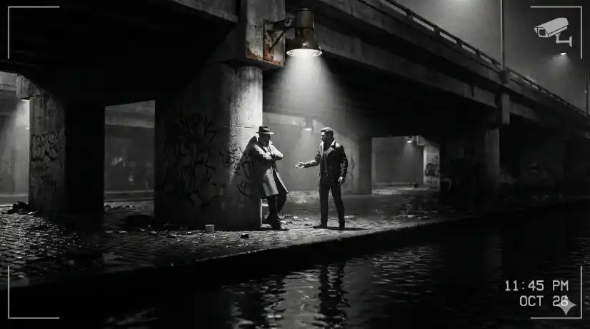 Create a black-and-white film noir photo of two men meeting under a low concrete bridge beside a dark canal at night. One man is wearing a long dark coat and fedora, standing with his arms folded and his back against a concrete pillar. The other man faces him in a leather jacket with his collar up, one hand extended as if passing something. Their faces are partially hidden by shadow and hat brims. The camera is positioned at a distance, at ground level, capturing both figures framed between the bridge supports with the dark water of the canal visible in the foreground reflecting faint light. A single industrial light mounted on the bridge underside casts a harsh downward beam between them, creating long shadows on the ground. Cold, gritty, high-contrast black-and-white with heavy grain and a surveillance-style composition. Shot with a 35mm lens, deep depth of field. Use aspect ratio 16:9.