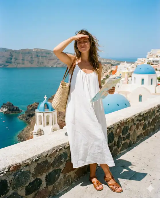 Create a candid travel photo of a young woman standing at a stone railing overlooking the caldera in Santorini, Greece. She is holding a folded paper map in one hand and shielding her eyes from the sun with the other, squinting slightly with a relaxed smile. She is wearing a loose white linen sundress with thin straps, brown leather sandals, and a woven straw tote bag hanging from her shoulder. Her hair is slightly messy from the wind. The camera is at eye level, positioned slightly to her right to capture both her profile and the sweeping view behind her of whitewashed buildings with blue domes cascading down the cliffside into turquoise water. Bright midday Mediterranean sunlight with vivid blue sky and warm skin tones. Shot with a 35mm lens, natural color grading with slight warmth. Use aspect ratio 4:5.