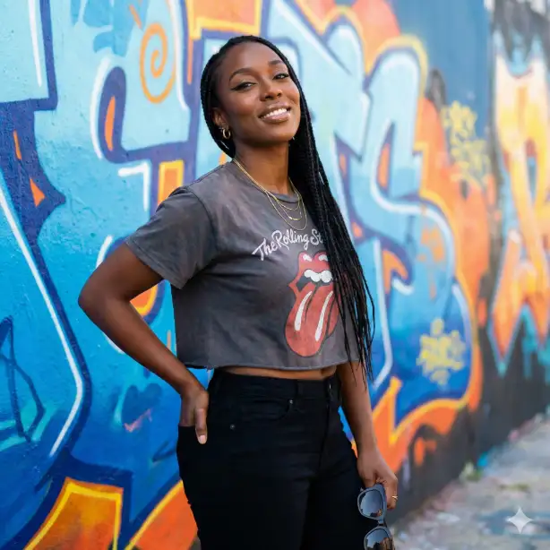 Create a portrait of a woman in her early 30s with deep brown skin and high cheekbones, looking at the camera with a warm knowing smile and her chin slightly lifted, standing in front of a graffiti-covered wall with vibrant street art in blues and oranges, one hand tucked into the back pocket of her fitted black jeans and the other holding oversized sunglasses at her side, wearing a cropped vintage band tee tucked in with layered thin gold chains and small hoop earrings, her long braids pulled to one side over her shoulder, bold winged eyeliner with glossy nude lips, bright diffused afternoon light illuminating her face evenly with the colorful wall providing a vivid backdrop, shot from a slightly low angle as a three-quarter body shot, edgy yet warm mood with a vibrant urban palette of blue orange black and gold, street style portrait photography. Use aspect ratio 1:1.