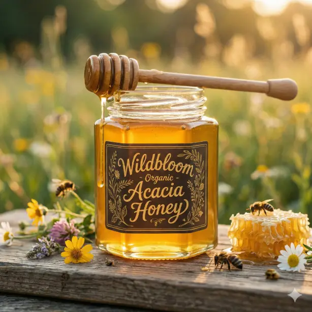 Create a product mockup of a hexagonal glass jar filled with golden raw honey labeled "Wildbloom Organic Acacia Honey" with a hand-lettered vintage style label in dark brown and gold, a wooden honey dipper resting across the top of the jar with honey dripping slowly from it, placed on a weathered wooden board with scattered wildflowers and a small piece of honeycomb beside it, warm golden hour lighting from behind the jar making the honey glow translucently, soft blurred meadow-inspired background in greens and yellows, shot at eye level to capture the honey's clarity and golden color, rustic and natural mood with rich amber, green, and cream tones, artisan food photography style. Use aspect ratio 1:1.
