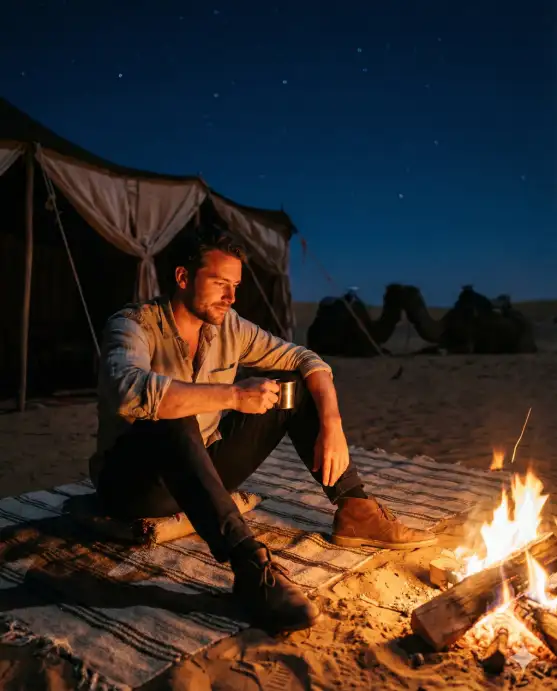 Create a travel photo of a man sitting on a woven blanket beside a small campfire in the Sahara Desert at night. He is leaning forward with his elbows on his knees, holding a small metal cup of tea and staring into the fire with a relaxed, contemplative expression. He is wearing a sand-colored linen shirt with the top buttons undone, dark cotton pants, and leather desert boots. A traditional Berber tent with draped fabric is partially visible behind him, and two camels rest in the background as dark silhouettes against the deep indigo sky filled with stars. The campfire casts warm, flickering orange light on his face and the sand around him while everything beyond fades into cool blue-black darkness. The camera is across the fire at seated eye level. Warm firelight contrasting with cool desert night tones. Shot with a 50mm lens, f/1.8, documentary travel aesthetic. Use aspect ratio 4:5.