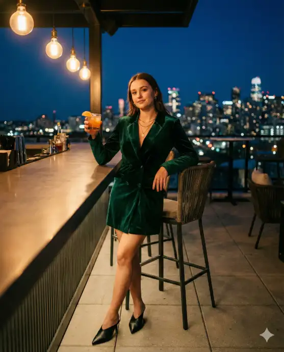 Create a photo of a young woman standing near a rooftop bar counter holding a cocktail glass with an orange garnish. She is wearing an emerald green velvet blazer dress with black pointed-toe mules and delicate gold layered necklaces. Her posture is relaxed with one elbow resting on the bar and her body angled three-quarters toward the camera. She has a subtle confident smile. The background shows a nighttime city skyline with twinkling lights and a deep indigo sky, with warm ambient lighting from hanging Edison bulbs above the bar area. The camera is at eye level, slightly tight framing from the waist up. Rich, moody tones with warm highlights and deep shadows. Shot with an 85mm lens, wide aperture bokeh. Use aspect ratio 4:5.