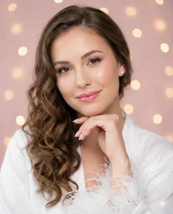 Create a close-up portrait of a bride-to-be with her chin resting on her hand, wearing a white feathered robe with delicate pearl earrings, soft dewy makeup with pink glossy lips, hair in loose romantic curls falling over one shoulder, looking directly into the camera with a gentle smile, soft pink background with out-of-focus fairy lights creating circular bokeh, shot at eye level, beauty dish lighting from above, Canon 85mm f/1.4 lens, editorial beauty photography style. Use aspect ratio 4:5.
