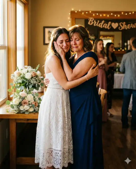 Create a photo of a bride-to-be and her mother sharing an emotional embrace at the bridal shower, the bride in a white midi dress, the mother in an elegant navy blue dress, both with tears of joy, the mother's hands cupping the bride's face, a bouquet of flowers visible on a table beside them, guests blurred in the warm background, soft window light creating a gentle rim light around them, tight medium shot focusing on their faces and upper bodies, 85mm lens, f/2.0, emotional candid photography, warm golden tones. Use aspect ratio 4:5.