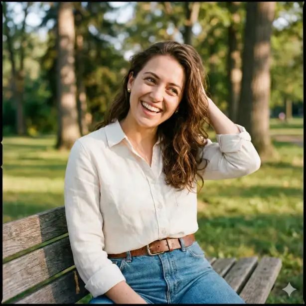 Create a candid-style photo of a woman in her mid-20s with light olive skin and bright hazel eyes, laughing naturally with her head tilted slightly to the side and one hand brushing her loose wavy chestnut brown hair behind her ear, wearing an off-white linen button-down shirt tucked loosely into high-waisted vintage blue jeans with a thin brown leather belt, minimal jewelry with small gold studs, sitting on a wooden bench in a sun-dappled park with tall trees and soft green grass blurred behind her, warm natural afternoon sunlight filtering through the leaves creating dappled patterns on her skin, shot from a slightly low angle as a medium shot capturing her from the thighs up, playful and approachable mood with a soft green and golden color palette, lifestyle photography style. Use aspect ratio 1:1.