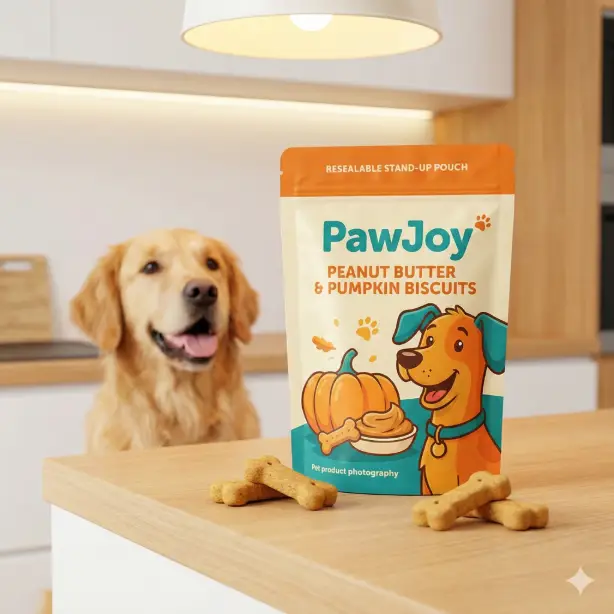 Create a product mockup of a resealable stand-up pouch of dog treats labeled "PawJoy Peanut Butter & Pumpkin Biscuits" with a fun and colorful label in warm orange and teal featuring a cartoon dog illustration, the pouch standing on a clean kitchen countertop with a few bone-shaped biscuits scattered in front of it, a happy golden retriever slightly blurred in the background looking toward the treats, bright and cheerful overhead lighting with warm tones, clean white and warm wood kitchen background, shot from a slightly low angle at about 25 degrees giving the pouch a prominent position, playful and wholesome mood with a palette of warm orange, teal, golden yellow, and cream, pet product photography style. Use aspect ratio 1:1.