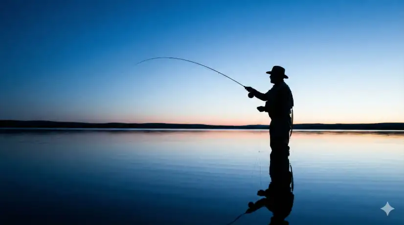 Create a silhouette photo of a man standing knee-deep in a calm lake during blue hour, casting a fishing line with a smooth overhead motion. He is wearing waders, a vest, and a wide-brimmed fishing hat. The fishing rod creates a long elegant arc above him with the thin line visible against the sky. The sky is a smooth gradient of deep navy blue to soft pale blue near the horizon, with a thin band of warm peach light where the sun has just set. The water is perfectly still, reflecting the sky colors like a mirror with small ripples around his legs. The camera is at the shore, at water level, shooting across the surface. Serene, cool blue tones with minimal warm accents, peaceful and meditative mood. Shot with a 50mm lens. Use aspect ratio 16:9.