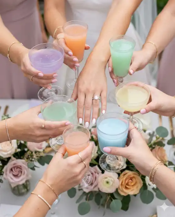 Create a photo of bridesmaids' hands all reaching in together for a group toast, each holding a different pastel-colored cocktail in elegant glassware, the bride's hand in center distinguished by her engagement ring and a white nail manicure, other hands with matching pink nails, bracelets and delicate jewelry visible, a decorated table with flowers blurred in the background below, shot from directly above as a top-down close-up, natural daylight, macro detail visible on the rings and glasses, 50mm lens, f/3.5, styled detail shot for social media. Use aspect ratio 4:5.