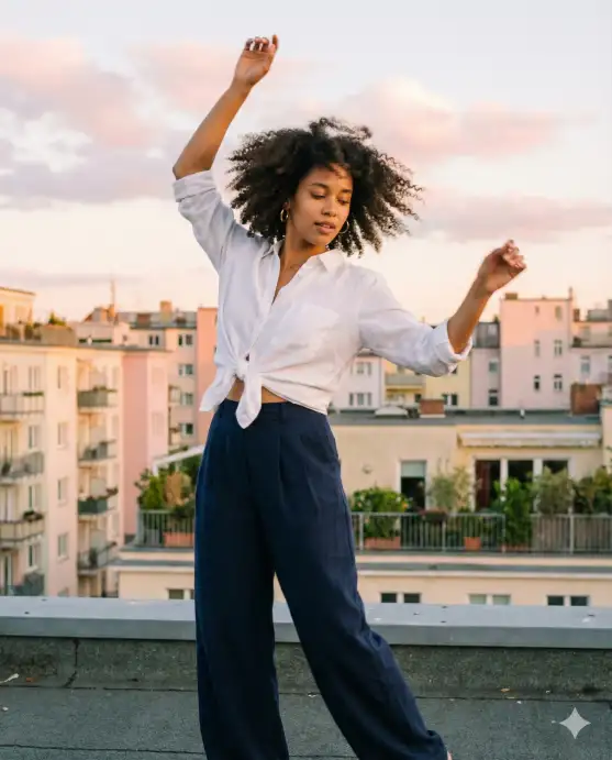 Create a photo of a woman dancing freely on a rooftop with her arms raised above her head and her body in mid-twirl. She is wearing a white linen button-down shirt tied at the waist, high-waisted wide-leg navy trousers that flow with her movement, and simple gold hoop earrings. Her curly natural hair is caught in motion. The background features a pastel-toned cityscape during the magic hour with soft pink clouds and the tops of apartment buildings with rooftop gardens visible. The camera is at hip level capturing her full body with slight motion blur on her fingertips. Warm, airy, and luminous lighting. Shot with a 50mm lens, fast shutter with intentional movement. Use aspect ratio 4:5.