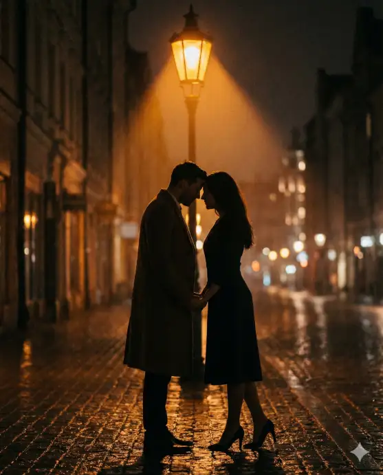 Create a silhouette photo of a couple standing face to face under a single glowing street lamp on a quiet cobblestone street at night, holding both hands between them with their foreheads gently touching. The man is wearing a long overcoat and the woman is in a fitted knee-length dress with heels. The street lamp above them casts a warm amber cone of light, but their figures remain as dark silhouettes. The background shows a blurred, rain-slicked street with faint reflections of distant warm lights on the wet cobblestones. The camera is at a medium distance, eye level, capturing the full scene symmetrically. Moody, warm, romantic tones with soft bokeh and cinematic grain. Shot with an 85mm lens. Use aspect ratio 4:5.
