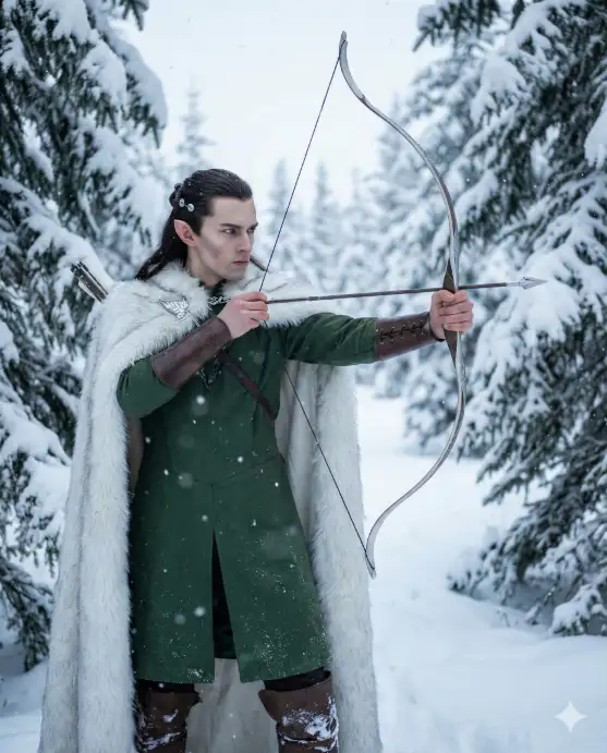 Create a photo of a young man standing between tall snow-covered pine trees, one hand drawing back the string of an elegant curved bow and the other holding a silver-tipped arrow aimed at something off-camera to the right. He is wearing a fitted forest green tunic under a white fur-lined cloak, brown leather bracers, a silver leaf-shaped brooch at his collar, and soft leather boots dusted with snow. He has pointed elf ears, sharp cheekbones, and long dark hair pulled into a half-up style with silver clasps. His expression is intensely focused with narrowed eyes. The background is a serene snowy pine forest with thick snow on every branch, soft snowflakes falling gently, and pale diffused winter light creating a quiet, hushed atmosphere. The camera is at shoulder height, slightly to the side. Cool whites, deep greens, and silver tones with soft, even lighting. Shot with a 50mm lens, cinematic fantasy portrait. Use aspect ratio 4:5.