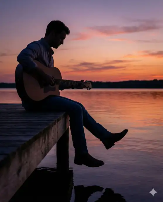 Create a silhouette photo of a man sitting on the edge of a wooden dock at dusk, one leg hanging over the water and the other bent up, playing an acoustic guitar. He is wearing a casual button-down shirt with the sleeves rolled up, jeans, and boots. His head is tilted slightly downward toward the guitar. The sky behind him is a gradient of deep purple, burnt orange, and soft pink with thin clouds catching the last light. The calm lake reflects the sky colors with subtle ripples. The camera is at water level, positioned slightly off to the side to capture his profile and the guitar shape clearly. Peaceful, cinematic tones with rich contrast between the dark figure and the vibrant sky. Shot with a 50mm lens, shallow depth of field. Use aspect ratio 4:5.