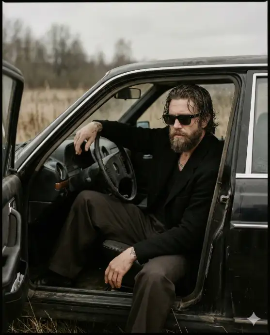 Create a moody, cinematic portrait of a man sitting sideways in the driver's seat of an older black sedan, with the car door open toward the camera. He leans forward slightly, one hand resting heavily on the steering wheel, the other hanging relaxed near his knee. His posture feels tired, contemplative, and dangerous. He has shoulder-length, slightly wet-looking wavy dark hair, a full rugged beard, and wears dark rectangular sunglasses that conceal his eyes, adding mystery. He is dressed entirely in black: a loose, textured jacket layered over a dark shirt and wide-leg trousers, giving him a minimalist, utilitarian, almost anti-hero appearance. Subtle tattoos are visible on his hand, adding character and edge. The setting is a quiet, open field with tall grass, muted and desaturated, creating contrast between nature and the heavy presence of the car. The vehicle interior is dark and worn, with visible textures on the steering wheel, dashboard, and door frame, enhancing realism. Lighting is soft, natural daylight filtered through overcast skies, producing gentle shadows and a subdued color palette. The overall tone is gritty and grounded, with cinematic depth and a slight film grain, evoking an indie crime film or neo-noir drama. Composition feels editorial and intentional, like a fashion-meets-film poster. The mood is introspective, raw, and restrained. Use aspect ratio 4:5.