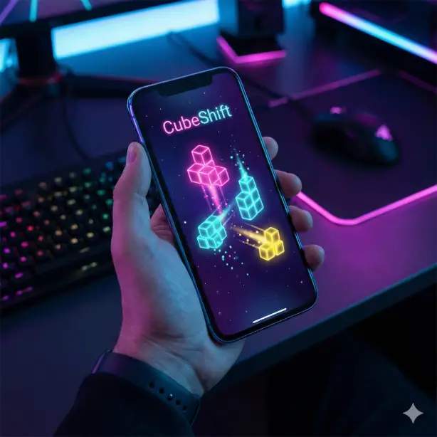 Create a product mockup of a smartphone held at a slight tilt displaying the home screen of a mobile puzzle game called "CubeShift" showing vibrant 3D cubes in neon pink, cyan, and yellow floating against a deep indigo background with particle effects, the phone gripped in a hand with a blurred dark gaming setup in the background featuring RGB keyboard lighting, dramatic cool-toned lighting with neon color reflections on the phone's glass edges, dark moody environment with pops of vivid neon color, shot from a close-up front angle focusing on the screen and the hand holding the device, immersive and energetic gaming mood with a palette of neon pink, electric cyan, bright yellow, and deep indigo, mobile gaming product photography style. Use aspect ratio 1:1.