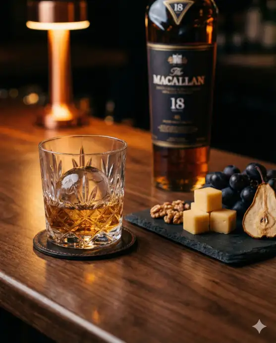 Create a realistic photo of a crystal-cut old fashioned glass filled with two fingers of amber whiskey and a single large ice sphere, placed on a dark leather coaster on a polished dark walnut bar top. Beside the glass is a small slate board with three cubes of aged gouda, a few walnuts, a small cluster of dark grapes, and a thin slice of dried pear. A bottle of whiskey with a dark label sits blurred in the background alongside a warm, dim bar light. The camera is at table level, shooting straight on with a shallow depth of field focused on the glass and ice sphere. Warm, moody, low-key lighting with amber reflections in the glass and deep shadows. Rich, dark, sophisticated color palette. Shot with an 85mm lens. Use aspect ratio 4:5.