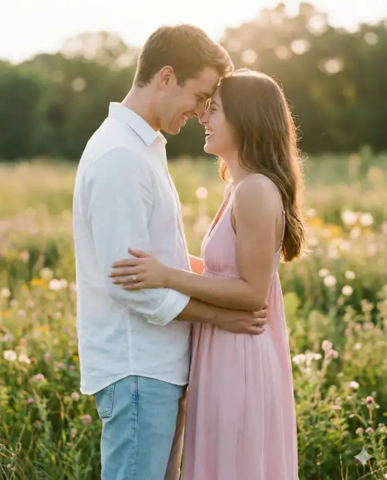 Create a candid portrait of a young couple in their late 20s laughing together, foreheads touching, wearing coordinated casual outfits - him in a white linen shirt and light blue jeans, her in a flowing pastel pink sundress. They're standing in a wildflower meadow during golden hour. Shot from a medium distance at chest level, capturing both subjects equally. Their arms are wrapped around each other naturally. Soft backlight creates a dreamy halo effect. Bokeh from distant flowers in the background. Warm, romantic color palette. Use aspect ratio 4:5.