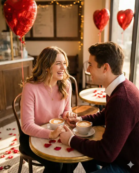 Create a romantic photo of a young couple sharing an intimate moment in a cozy café decorated with red heart balloons and rose petals. The woman wears a soft pink cashmere sweater and delicate gold jewelry, her hair styled in loose waves. The man wears a burgundy knit sweater over a white collared shirt. They sit facing each other at a small round table with two cappuccinos topped with heart-shaped latte art. Warm afternoon sunlight streams through large windows creating a golden glow. Shot from a 45-degree angle at eye level, shallow depth of field with bokeh lights in the background. The couple holds hands across the table, both laughing genuinely. Cinematic color grading with warm tones and soft highlights. Use aspect ratio 4:5.