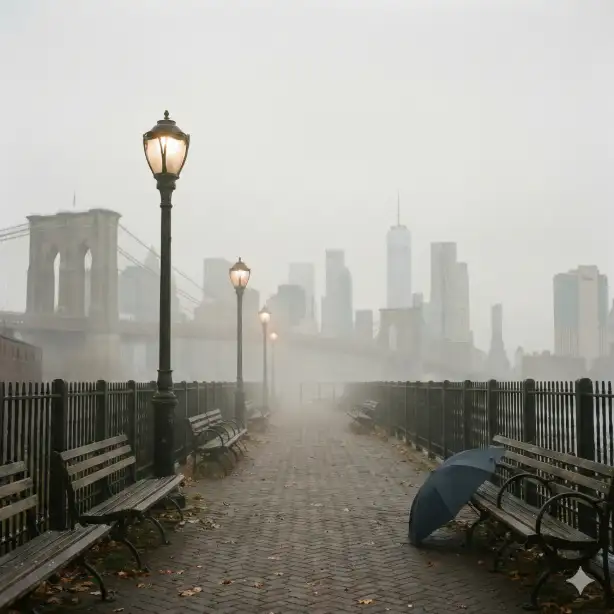 Create an atmospheric photograph of the Brooklyn Heights Promenade engulfed in thick morning fog. The elegant wooden benches and ornate iron railings fade into the white mist. The Manhattan skyline across the East River is barely visible as ghostly silhouettes of skyscrapers, the Freedom Tower just a faint gray shape. Vintage lamp posts glow with soft halos in the fog. Fallen leaves scatter across the brick walkway. A forgotten umbrella leans against one bench. The Brooklyn Bridge barely visible to the left dissolves into the atmosphere. Shot looking along the promenade toward Manhattan, the mood is quiet, mysterious, and romantic. No people, only the sense of a city slowly waking. Use aspect ratio 1:1.