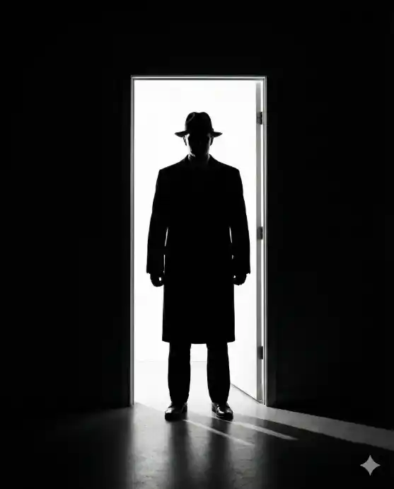 Create a black-and-white film noir photo of a man's full silhouette standing in an open doorway, backlit by a bright light source coming from the room behind him. He is wearing a long overcoat and a fedora, and his posture is stiff and imposing with his arms at his sides. No facial features are visible, only the dark outline of his figure against the white rectangle of the doorway. The foreground room is entirely dark except for a thin strip of light falling on the floor at his feet. The camera is inside the dark room at eye level, shooting straight toward the doorway. Extreme high contrast with no midtones, only pure black and bright white. Minimal grain, clean and graphic. Shot with a 35mm lens. Use aspect ratio 4:5.