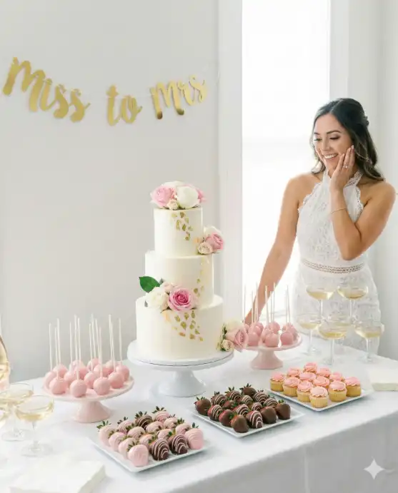 Create a photo of a beautifully decorated bridal shower dessert table, a three-tier white cake with gold leaf accents and fresh flowers on top as the centerpiece, surrounded by cake pops, chocolate-covered strawberries, mini cupcakes with pink frosting, and a champagne tower, "Miss to Mrs" gold banner hanging above, the bride standing to the side admiring the spread wearing a white halter neck dress, one hand on her cheek in admiration, shot from a 45-degree angle capturing both the table and the bride, bright even lighting, 35mm lens, food and event photography style. Use aspect ratio 4:5.