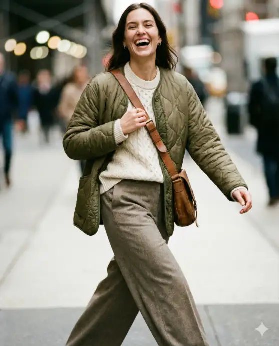 Create a candid laughing portrait of a woman walking toward the camera, captured mid-step with a natural laugh and confident posture. One arm swings naturally while the other lightly holds a bag strap. She is wearing a modern street-style outfit with layered textures and neutral colors. Shot at waist-up framing with a slight motion blur in the background, using natural daylight. Background is an urban street with soft bokeh lights, giving a dynamic Instagram fashion vibe. Use aspect ratio 4:5.