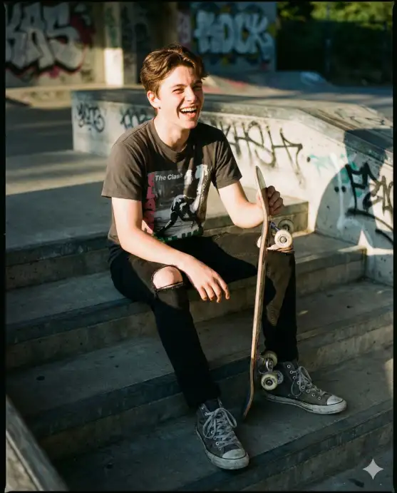 Create a candid portrait of a teenage boy around 16 years old laughing heartily while holding a skateboard, wearing a vintage band t-shirt, ripped black jeans, and high-top sneakers. He's sitting on concrete steps in an urban skate park setting. Shot from a slightly elevated angle looking down, capturing his relaxed seated posture with one knee up. Late afternoon sun creates dramatic side lighting and long shadows. Background shows graffiti wall art slightly blurred. His head is tilted back naturally. Edgy street style aesthetic with high contrast. Use aspect ratio 4:5.