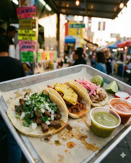 Create a realistic photo of three soft corn tortilla tacos arranged on a metal tray lined with wax paper at a street food stand. The first taco is filled with carne asada topped with diced white onion and fresh cilantro. The second has al pastor with a thin slice of grilled pineapple on top. The third is carnitas with pickled red onion and a squeeze of lime. Beside the tacos are small plastic containers of green salsa verde and red habanero salsa, lime wedges, and a few radish slices. Some filling has spilled onto the tray for a realistic, lived-in look. The background is a blurred street scene with colorful signage and warm string lights. The camera is at a slight angle, just above table height. Warm, golden late afternoon light mixed with the glow of overhead bulbs. Vibrant, saturated street food aesthetic. Shot with a 35mm lens. Use aspect ratio 4:5.