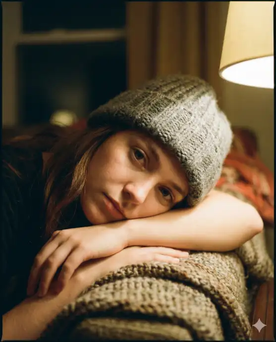 Create an intimate, cinematic close-up portrait of a young woman resting her head gently on her folded arms in a cozy indoor setting. She wears a thick, chunky-knit wool beanie in a soft neutral gray tone, the heavy braided texture clearly visible and richly detailed. Strands of her long, warm brown hair fall naturally from beneath the hat, softly framing her face. Her expression is calm, introspective, and slightly wistful. She gazes directly toward the camera with soft, thoughtful eyes, her face partially illuminated by warm, golden ambient light. The lighting is low and directional, casting gentle shadows that sculpt her cheekbones and nose while maintaining a velvety softness across her skin. She leans against a textured knit sweater or blanket in earthy tones, enhancing the cozy atmosphere. The background is softly blurred, likely a dimly lit room with curtains or warm-toned walls, maintaining a shallow depth of field to keep full focus on her face and the tactile details of the knit fabrics. The overall color palette is warm and muted, rich browns, soft grays, golden highlights. Use aspect ratio 4:5.