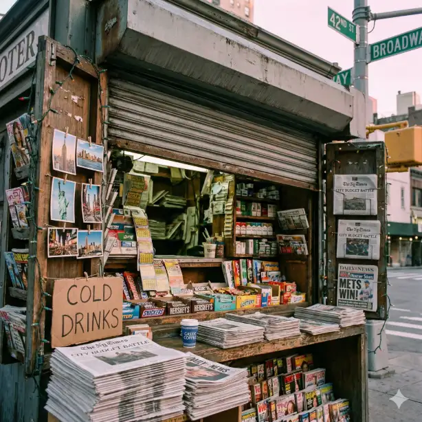 Create a detailed photograph of a classic NYC corner newsstand at dawn before opening. The small wooden structure overflows with newspapers, magazines, candy bars, lottery tickets, and cigarette cartons arranged in organized chaos. Headlines visible on stacked papers. Postcards of NYC landmarks clip to strings. A hand-written sign advertises "COLD DRINKS" in marker. Christmas lights wound around the frame remain unlit. Shutters partially rolled up reveal the cramped interior. The newsstand sits on a corner with a classic green street sign visible. Soft pink dawn light illuminates the scene. A cup of coffee sits forgotten on the counter. Shot from eye level capturing the charming clutter and authentic NYC character. Use aspect ratio 1:1.