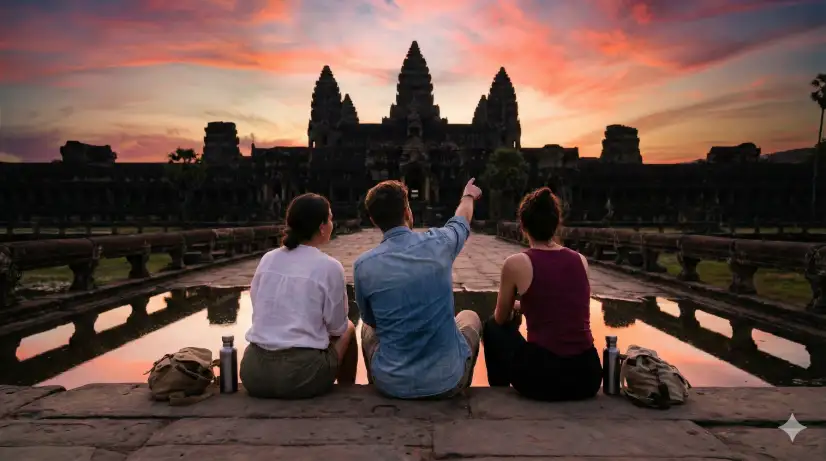 Create a travel photo of three friends sitting on the ancient stone steps in front of Angkor Wat at sunset, viewed from behind. The person on the left is wearing a loose white linen top and olive shorts, the one in the middle has on a faded denim shirt and khaki pants, and the person on the right is wearing a burgundy tank top and black travel pants. They are sitting close together, the middle person pointing toward the temple towers while the others look in that direction. Small backpacks and water bottles are scattered beside them on the steps. The massive silhouette of Angkor Wat's five towers rises against a sky blazing with orange, pink, and purple, and a long reflecting pool in front of the temple mirrors the colors. The camera is behind them at a low angle, capturing all three and the full temple. Rich, warm sunset tones with deep shadows on the stone. Shot with a 24mm wide-angle lens, epic travel moment style. Use aspect ratio 16:9.