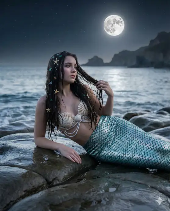 Create a photo of a young woman reclining on smooth ocean rocks at night, propped up on one elbow with her other hand combing through her long wet hair. From the waist down, she has a shimmering teal and silver mermaid tail with detailed iridescent scales that catch the moonlight. She is wearing a top made of layered seashells and pearls. Her skin has a soft dewy sheen, and her hair is long, dark, and adorned with small starfish and sea glass. Her expression is wistful and dreamy, gazing out toward the ocean. The background shows a calm moonlit ocean with gentle waves lapping at the rocks, a large bright full moon reflecting on the water's surface, distant cliffs, and a star-filled sky. The camera is at a slightly low angle from the rocks. Cool silver, teal, and deep navy tones with soft moonlight illumination. Shot with an 85mm lens, romantic fantasy aesthetic. Use aspect ratio 4:5.