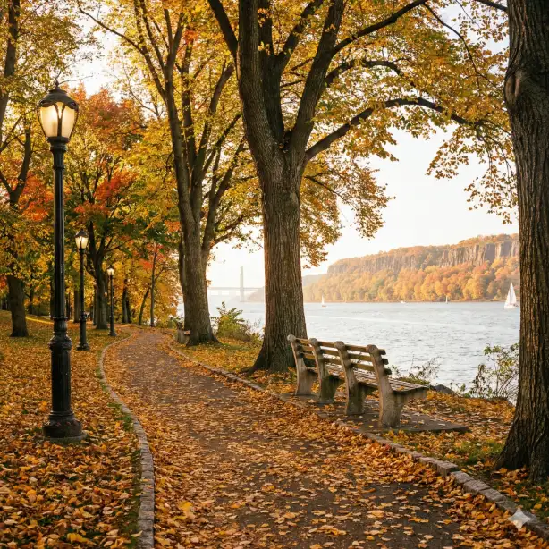 Create a stunning photograph of Riverside Park during peak fall foliage overlooking the Hudson River. A graceful curved walking path lined with vintage lamp posts winds through towering American Elm trees exploding in gold and amber. Fallen leaves carpet the ground in warm colors. An elegant old wooden bench sits empty facing the river view. The Hudson sparkles silver beyond the tree line. The George Washington Bridge is faintly visible in the distant haze to the north. A few sailboats dot the water. The New Jersey Palisades cliff face glows in the afternoon light across the river. Shot from the path level with the bench as a focal point, the scene captures the peaceful, contemplative side of NYC. Warm, golden afternoon light filters through the canopy. Use aspect ratio 1:1.