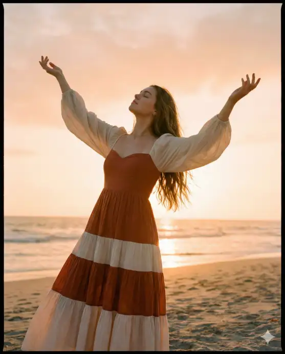 Create a photo of a young woman standing at the water's edge on a sandy beach at golden hour, both arms slightly raised with her palms open and face tilted up toward the sky with her eyes closed, as if soaking in the light. She is wearing a flowing tiered maxi dress in warm rust and ivory with a sweetheart neckline and long sleeves that billow gently in the sea breeze. Her hair is long and loose. The camera is positioned at a low angle, slightly in front of her, capturing her against a warm, glowing sky. The water behind her reflects the orange light. Soft golden hour haze with film-grain aesthetic. Use aspect ratio 4:5.
