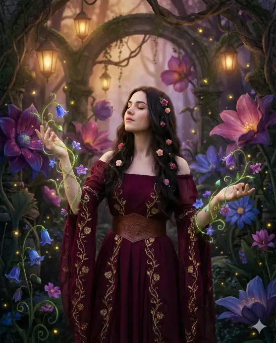 Create a photo of a young woman standing in the center of an overgrown enchanted garden at twilight, both arms slightly raised at her sides with her palms open as vines and flowers seem to grow and curl around her fingers and wrists. She is wearing a deep burgundy off-shoulder gown that trails along the ground, with gold thread detailing and a wide leather belt at the waist. Her dark hair is loose and flowing, adorned with tiny blooming roses. Her expression is serene with closed eyes and a slight upward tilt of her chin. The background is a dense, magical garden with oversized flowers in deep purples, pinks, and blues, ancient stone arches covered in ivy, glowing lanterns hanging from branches, and soft fireflies dotting the scene. The camera is at waist height, slightly tilted upward. Warm amber and cool violet twilight tones with soft diffused lighting. Shot with a 50mm lens, painterly fantasy aesthetic. Use aspect ratio 4:5.