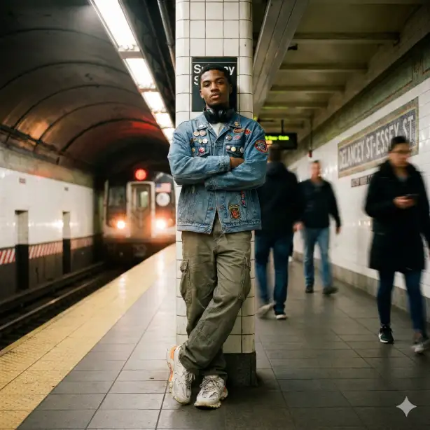 Create an editorial-style photograph of a young man waiting on a subway platform at an underground NYC station. He wears an oversized vintage denim jacket covered in pins and patches, baggy cargo pants, and chunky retro sneakers. He leans casually against a tiled pillar with arms crossed, headphones around his neck, looking directly at camera with cool confidence. Shot straight-on at eye level, the background shows the curved tunnel, incoming train headlights creating a glow, vintage mosaic tiles with station name, and motion-blurred passengers. Harsh fluorescent lighting mixed with warm train lights creates interesting color contrast. Use aspect ratio 1:1.