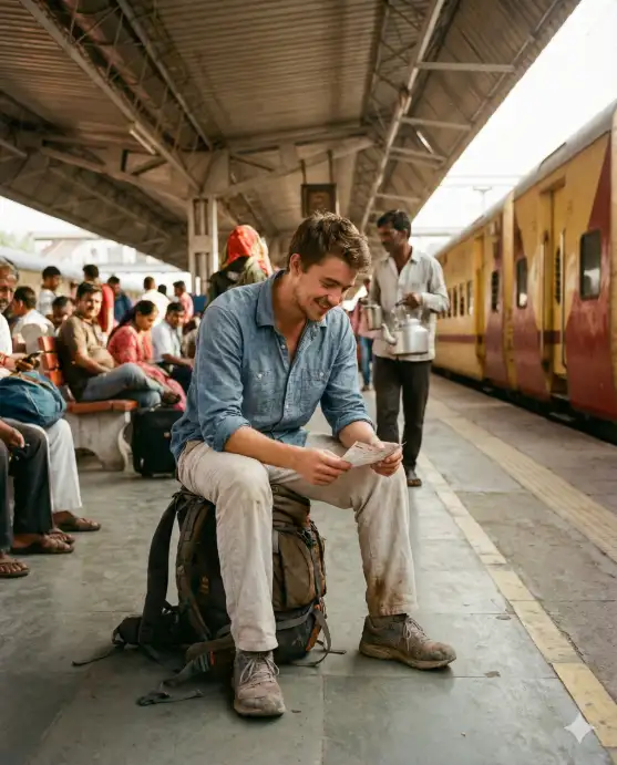 Create a documentary-style travel photo of a young male backpacker sitting on his large hiking backpack on a crowded platform at a train station in Jaipur, India. He is wearing a faded blue chambray shirt with rolled sleeves, loose cotton trousers, and dusty trail running shoes. He is looking down at a crumpled paper train ticket in his hands with a slightly tired but content expression. Around him, other passengers sit on benches and luggage, a chai vendor carries a metal kettle, and a yellow and red train is partially visible on the adjacent track. The platform has weathered concrete and painted yellow safety lines. The camera is at seated eye level, capturing the scene straight on. Warm diffused light filtering through the station's corrugated metal roof with golden dust particles visible in the air. Earthy warm tones with faded reds and yellows. Shot with a 35mm lens, photojournalistic travel style. Use aspect ratio 4:5.