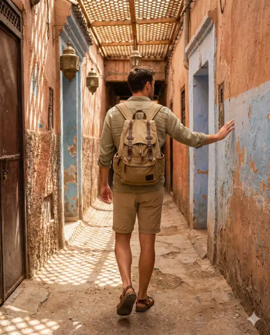 Create a travel photo of a man walking through a narrow alley in the medina of Marrakech, Morocco, captured from behind at a medium distance. He is wearing a light olive linen shirt with rolled-up sleeves, khaki shorts, and worn brown leather sandals with a canvas backpack slung over one shoulder. One hand trails along the textured terracotta wall as he walks. The alley walls are painted in faded shades of blue and coral with hanging brass lanterns and patches of peeling paint. Dappled sunlight filters through a wooden lattice overhead, casting geometric shadow patterns on the ground. The camera angle is slightly low, shooting from hip height. Warm earthy tones with pops of blue and gold. Shot with a 28mm lens, documentary travel style. Use aspect ratio 4:5.