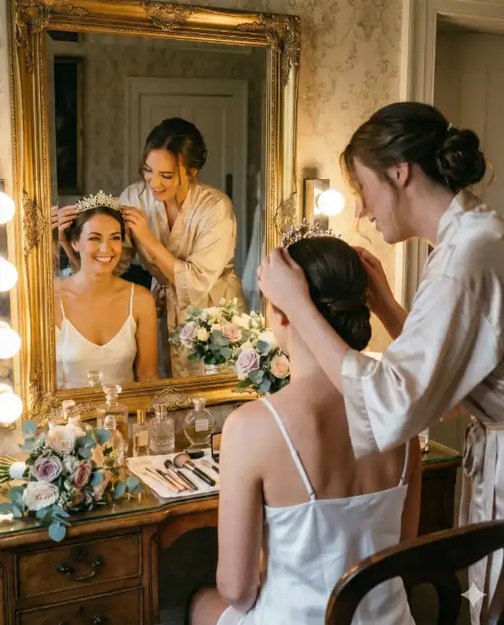 Create a photo of a bridesmaid helping the bride-to-be put on a sparkling tiara, the bride sitting at a vanity mirror wearing a white silk camisole, her reflection visible in the ornate gold-framed mirror, bridesmaids in champagne-colored robes standing on either side, warm vanity lights illuminating their faces, various beauty products and flowers on the vanity table, intimate candid moment, shot from behind and to the side capturing the mirror reflection, 35mm lens, warm color grading, lifestyle photography style. Use aspect ratio 4:5.