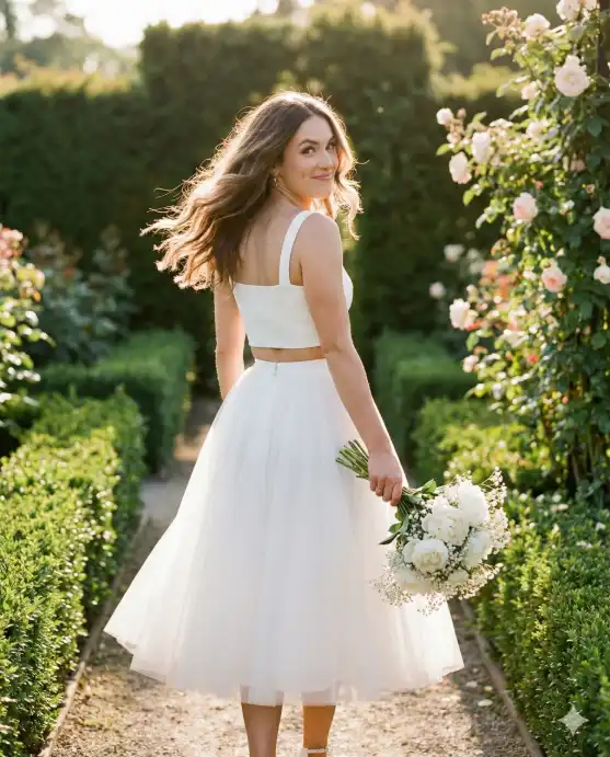 Create a photo of a bride-to-be walking through a garden pathway holding a bouquet of white peonies and baby's breath, wearing a flowy white tulle midi skirt and a fitted white crop top, hair flowing in a gentle breeze, mid-stride with one foot forward, looking over her shoulder back at the camera with a playful smile, lush green hedges and climbing roses on both sides, golden hour backlight creating a soft halo around her hair, shot from behind at a slight angle, 85mm lens, f/1.8, dreamy romantic aesthetic. Use aspect ratio 4:5.