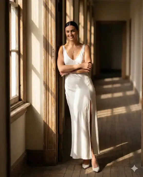 Create a photo of a bride-to-be leaning against a doorframe in a bright sunlit hallway, wearing a white silk maxi dress with a thigh-high slit, one leg slightly forward, arms crossed casually, wearing a delicate gold necklace and white pointed-toe heels, hair in a sleek low bun, confident relaxed expression, afternoon golden light streaming in from a side window creating long shadows, shot from a three-quarter angle, full body composition, 70mm lens, f/2.8, fashion editorial style. Use aspect ratio 4:5.