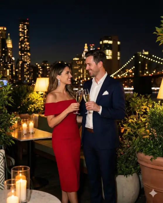 Create a photo of a man and woman clinking champagne glasses on an upscale rooftop restaurant terrace at night. The man is wearing a fitted dark navy suit with no tie and a white pocket square, and the woman is in a red off-shoulder midi dress with statement diamond drop earrings. They are standing face to face, both smiling warmly at each other. Behind them, a breathtaking nighttime cityscape sparkles with thousands of lights from skyscrapers and bridges, and the rooftop is decorated with candles on tables and lush greenery in planters. The camera is at shoulder height, capturing them from the side in a two-shot composition. Luxurious warm amber lighting with rich deep tones and sparkling highlights. Shot with a 50mm lens, shallow depth of field. Use aspect ratio 4:5.