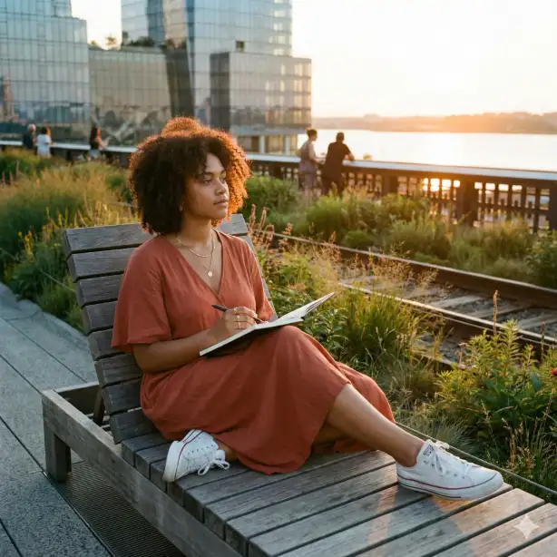 Create a lifestyle photograph of a young creative woman sitting on one of the wooden lounge chairs on the High Line park during golden hour. She wears a flowy midi dress in terracotta, white canvas sneakers, and delicate gold jewelry. She sits with legs casually crossed, sketchbook open on her lap, gazing thoughtfully at the Hudson River view. Her natural curly hair catches the warm backlight. Shot from a slight distance at a three-quarter angle, the background shows the elevated park's wild grasses and native plants, the industrial railway architecture, glass buildings of Hudson Yards, and the river glowing orange in the sunset. Other visitors walk past as soft silhouettes. Use aspect ratio 1:1.